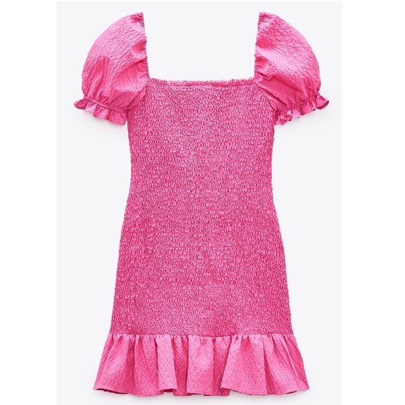 ZARA Barbie Core Pink Square Neck Dress with Puff Sleeves Flounced Hem M - Picture 8 of 12